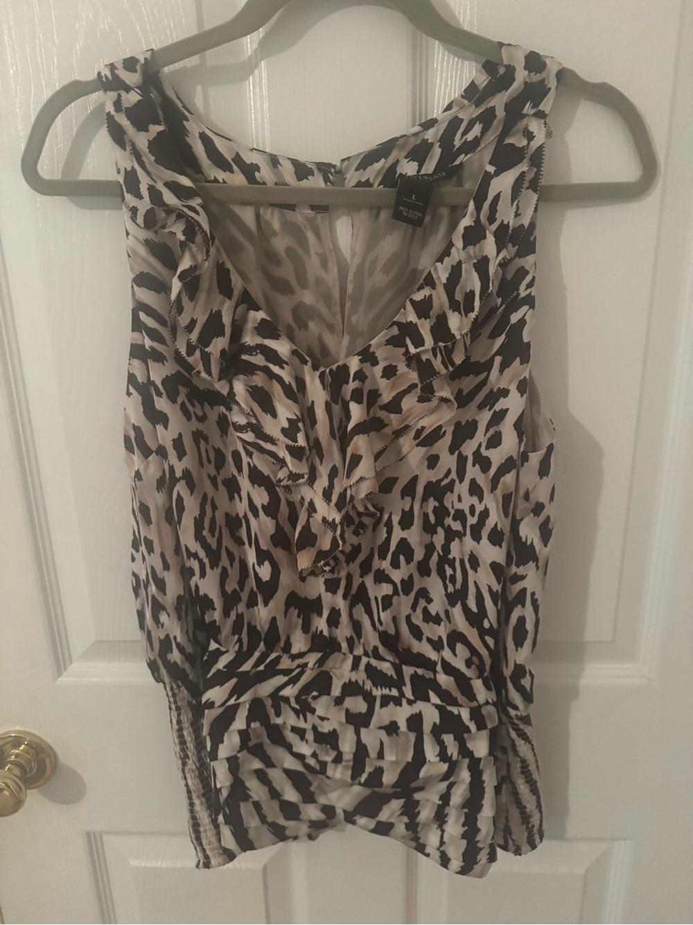White House Black Market Sleeveless Ruffle Animal Print Top - Black & Cream